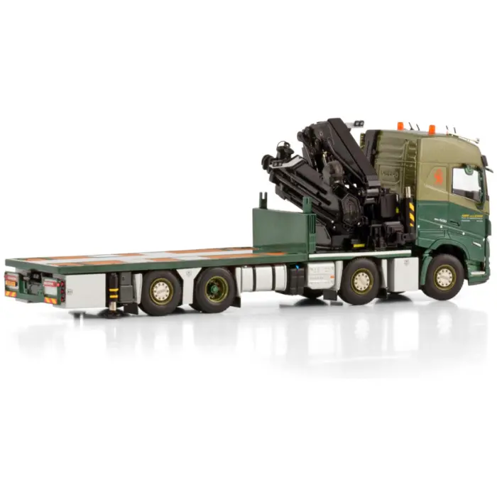 Albert van de Scheur BV; VOLVO FH5 GLOBETROTTER 8X2 TAG AXLE RIGED FLATBED TRUCK 8X2 TAG AXLE WITH FASSI 1300 + JIB