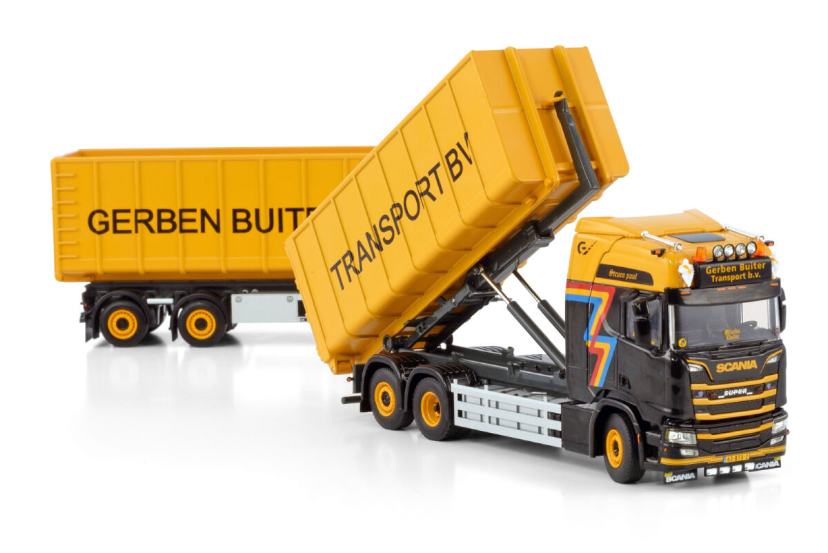 GERBEN BUITER; SCANIA R HIGHLINE CR20H 6X2 TAG AXLE + HOOK LIFT SYSTEM + CONTAINER 40M3 COMBI