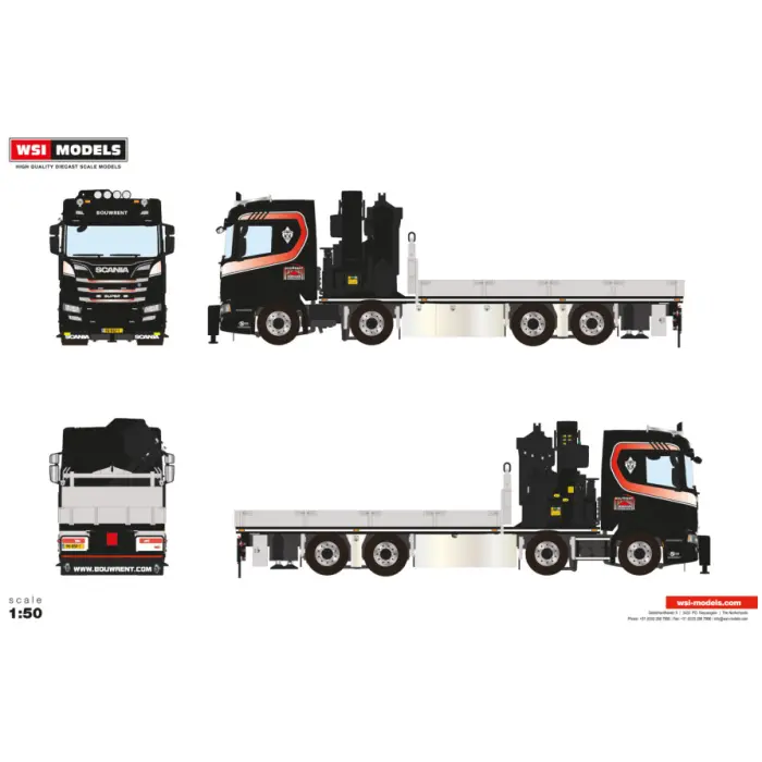 Bouwrent; SCANIA R NORMAL CR20N 8X2 TAG AXLE RIGED FLATBED TRUCK WITH PALFINGER PK 78002 SH + JIB